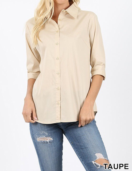 Plus Sz Folded Sleeve Taupe Shirt