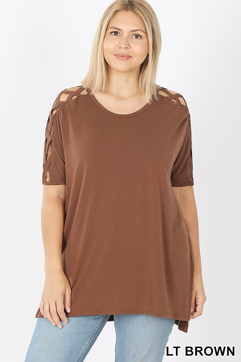 Plus Criss-Cross Short Sleeve Top in Brown