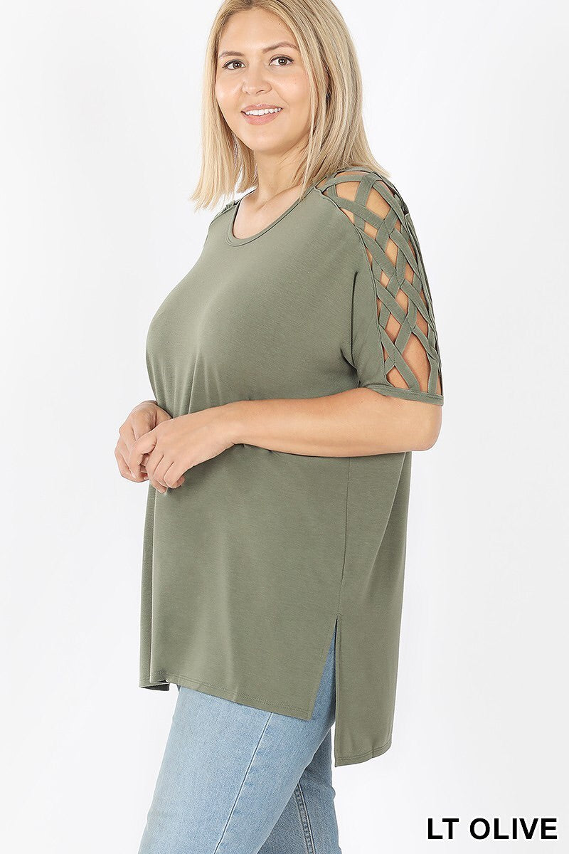 Plus Criss-Cross Short Sleeve Top in Brown
