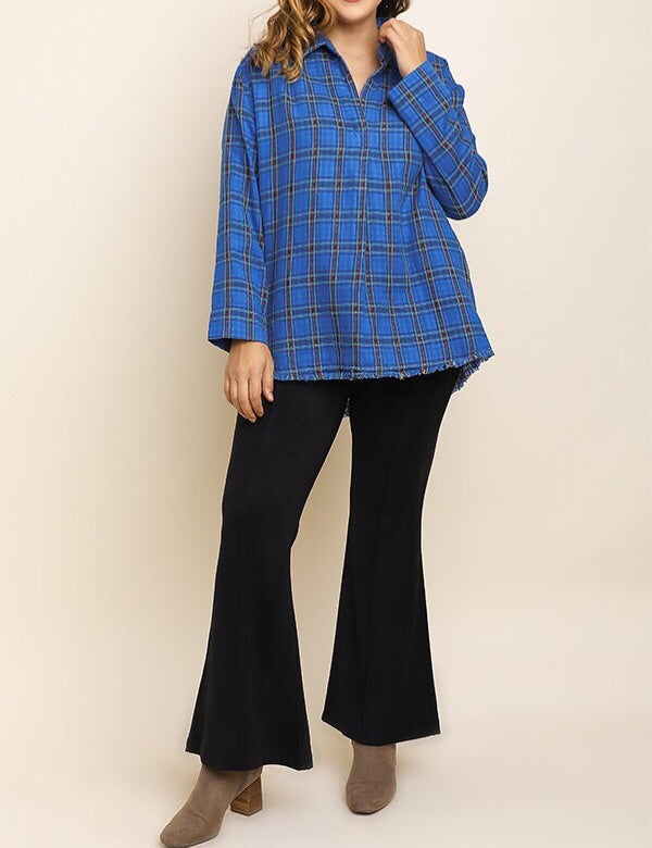 Plus Sz Plaid Long Sleeve Collared Button Up Top