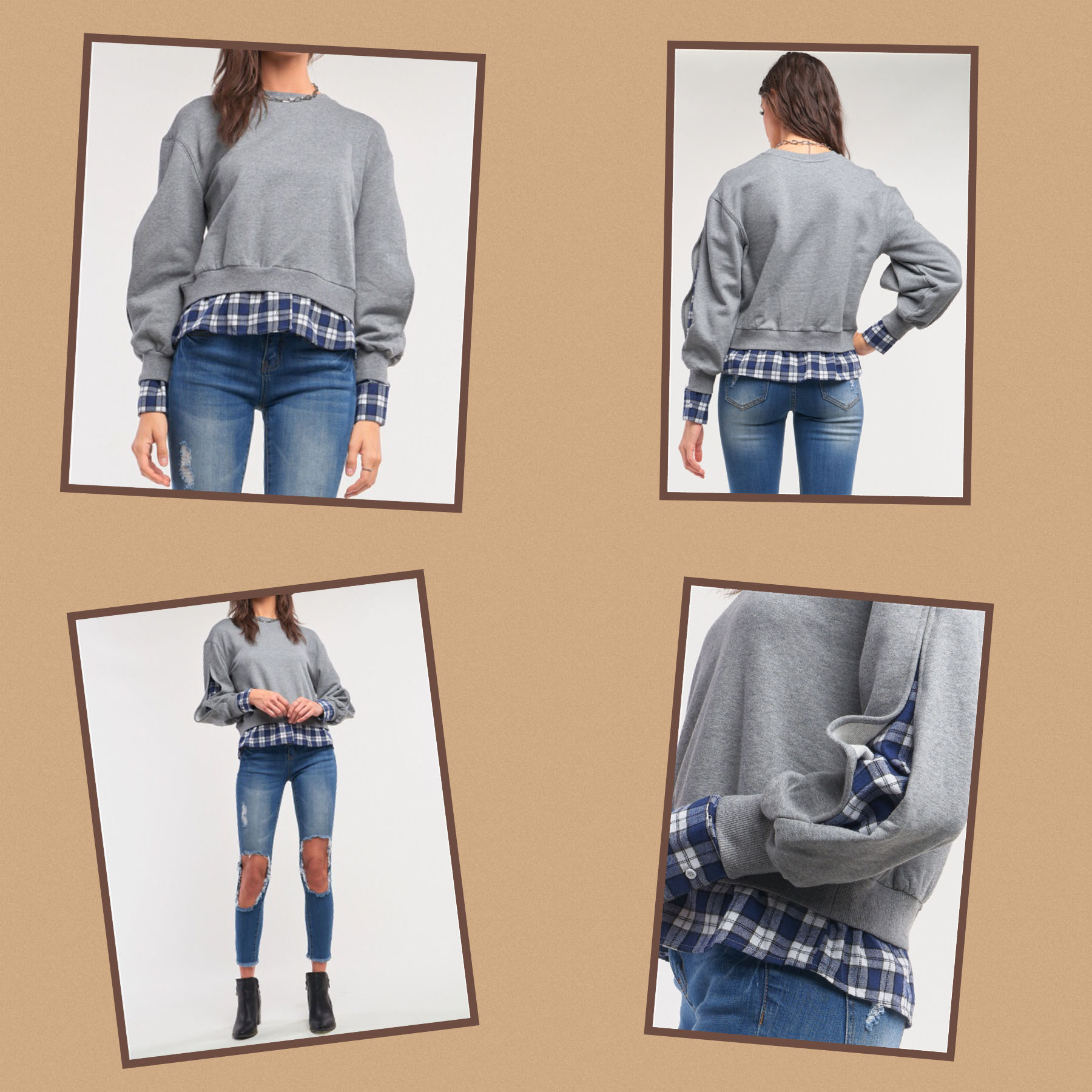 Plaid Balloon Shoulder Gray Sweater