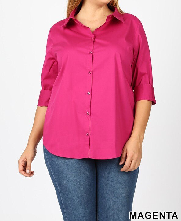 Plus Sz Folded Sleeve Magenta Shirt