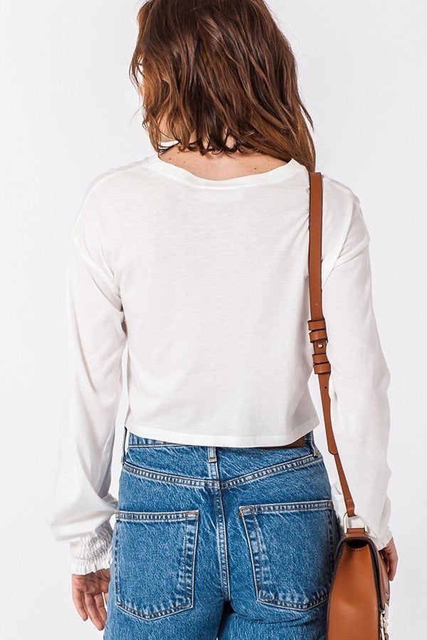 Cropped Top Smocked Cuff Ecru Olive