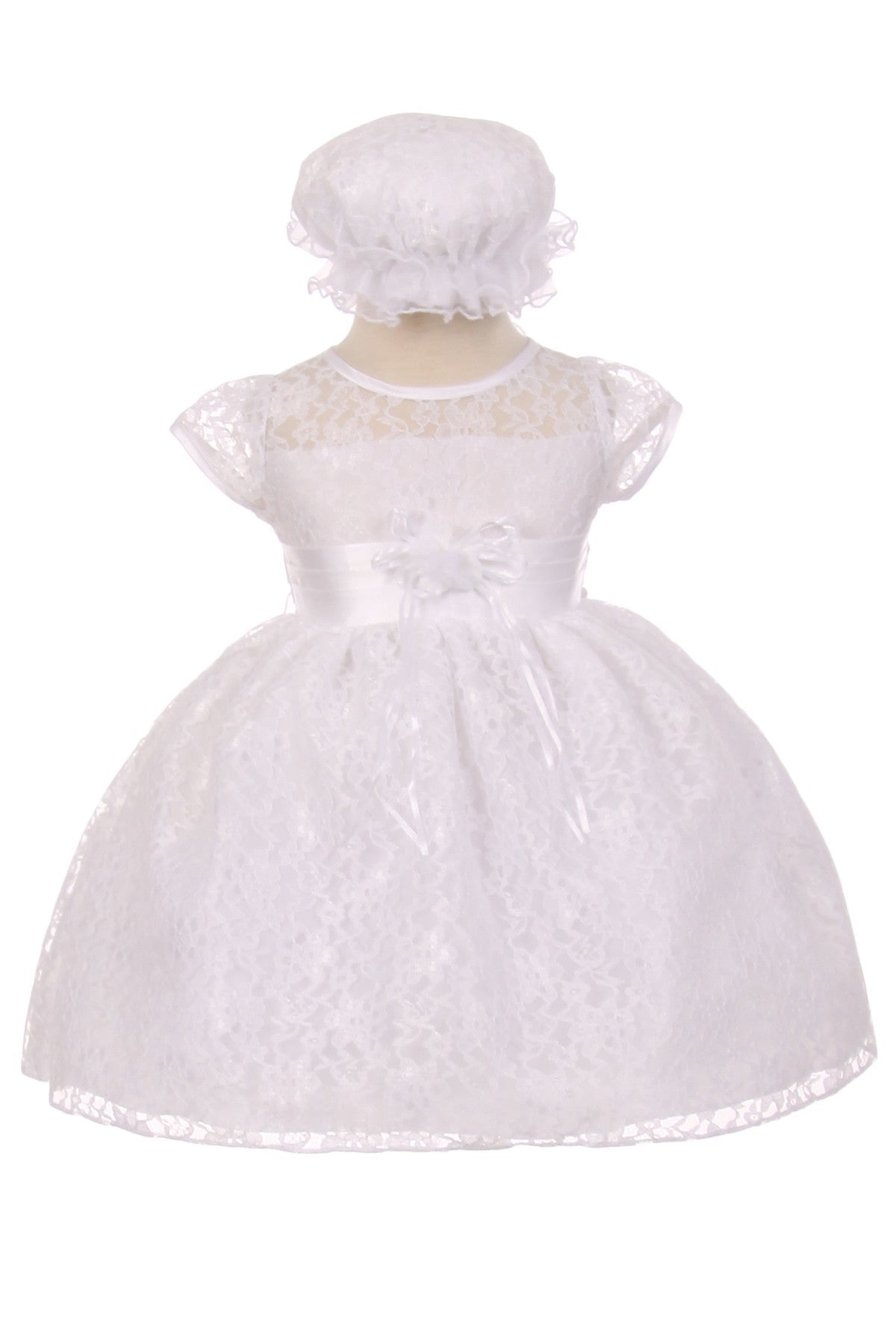 Girl Lace Dress with Satin Belt in White Various Size