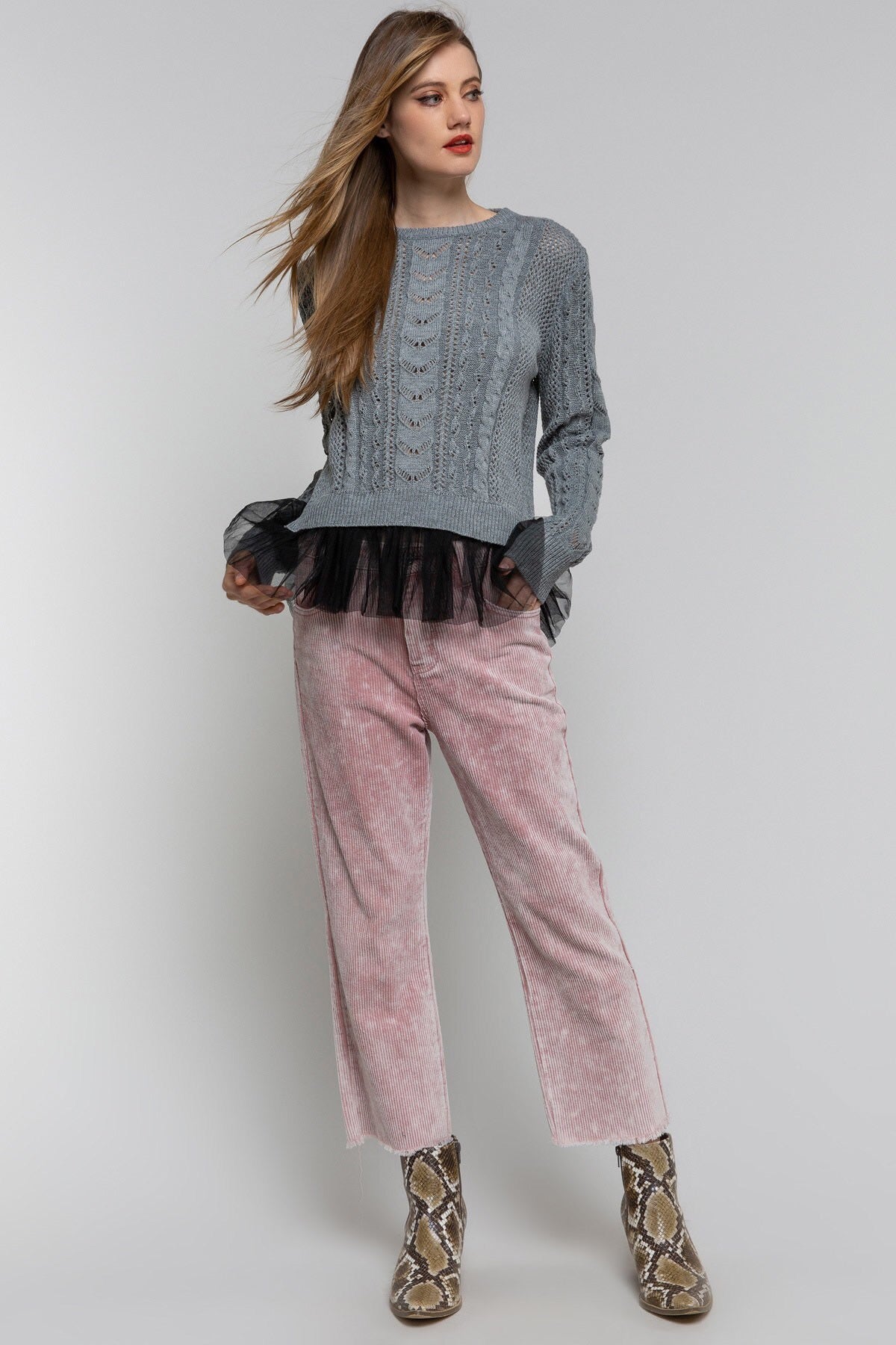 POL Crochet Cable Grey Sweater with Lace