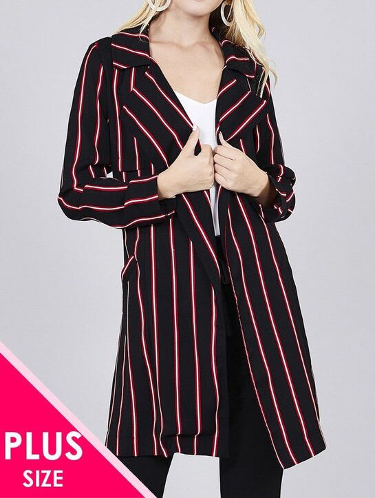 Plus Size Multi Stripe Long Woven Jacket