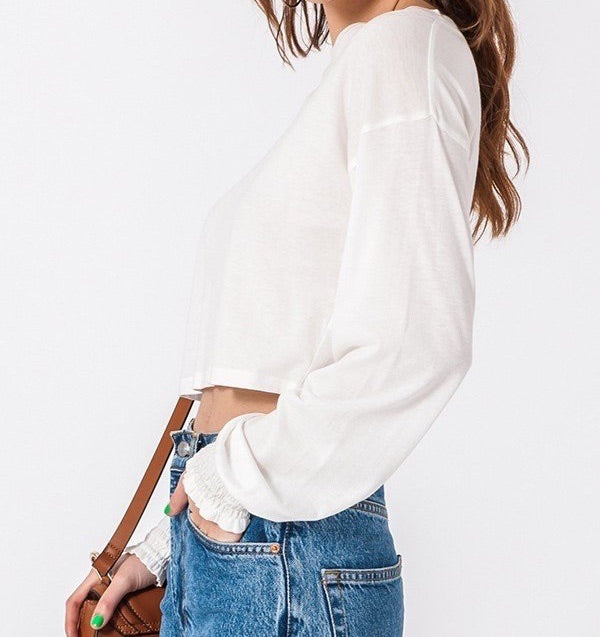 Cropped Top Smocked Cuff Ecru Olive