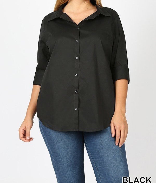 Plus Sz Folded Sleeve BLK Shirt