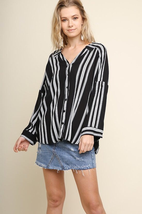 Striped Roll Up Button Up Top