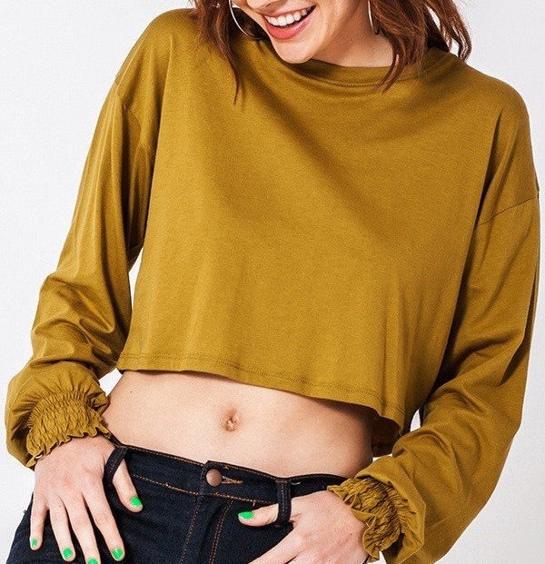 Cropped Top Smocked Cuff Ecru Olive