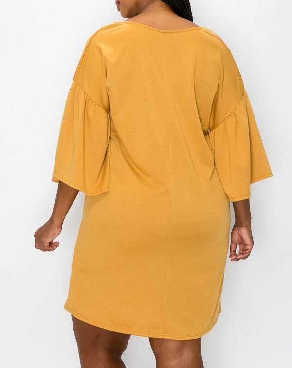 Plus Size Bell Sleeve Dress in Mustard