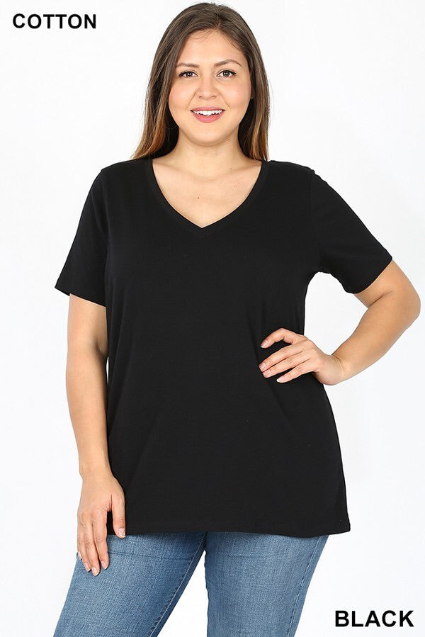 Plus Sz Cotton Vneck Blk T-shirt