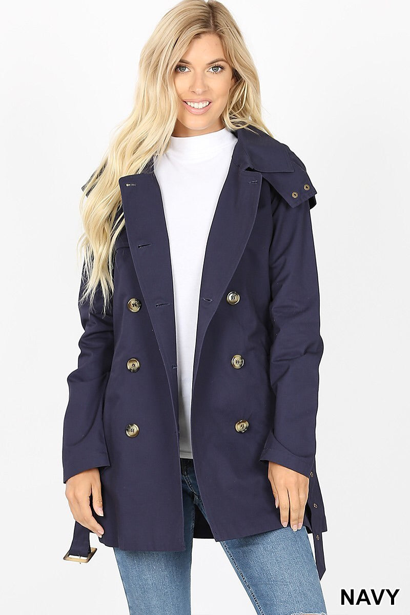 Double Breasted Cotton Twill Trench Coat - Removable Hood in Navy