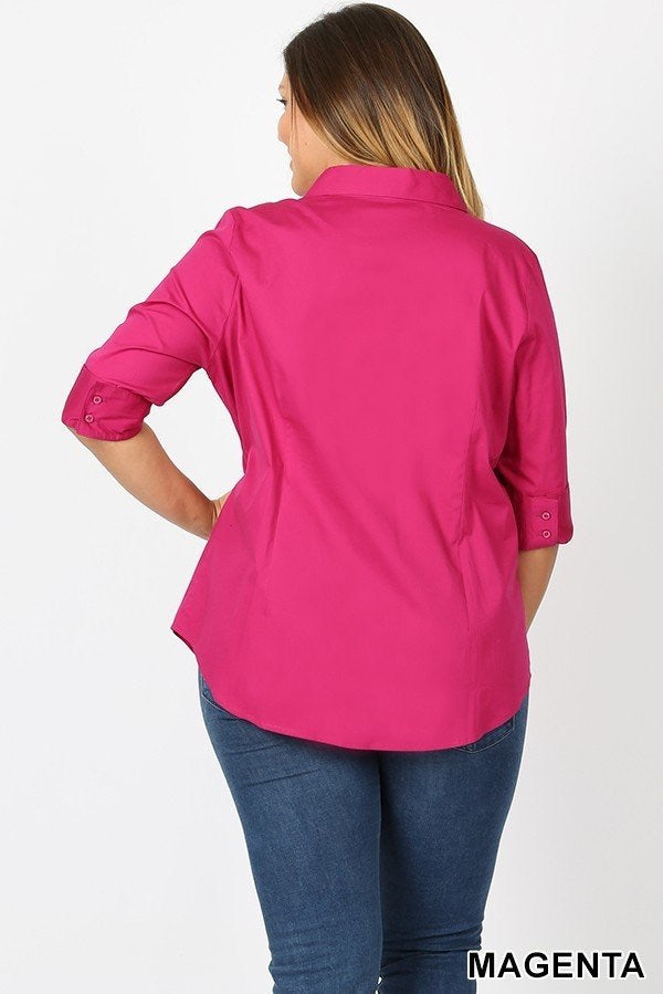 Plus Sz Folded Sleeve Magenta Shirt
