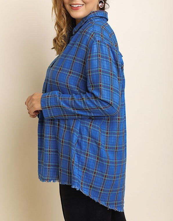 Plus Sz Plaid Long Sleeve Collared Button Up Top