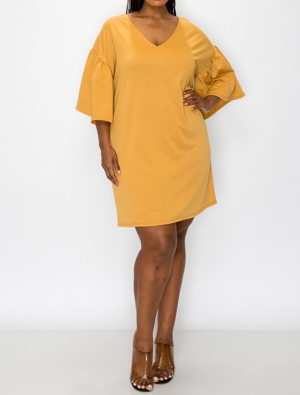 Plus Size Bell Sleeve Dress in Mustard