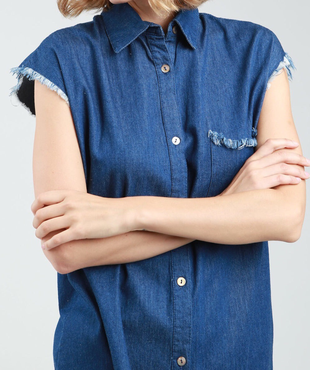 POL Sleeveless Denim Shirt Dress