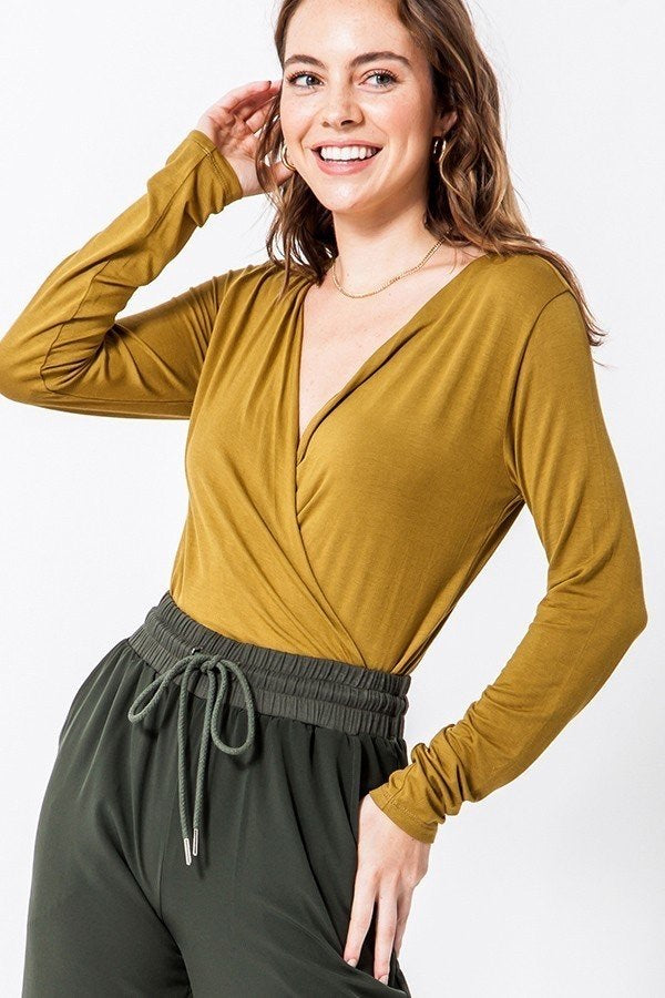 Bodysuit Long Sleeve Ecru Olive Surplice