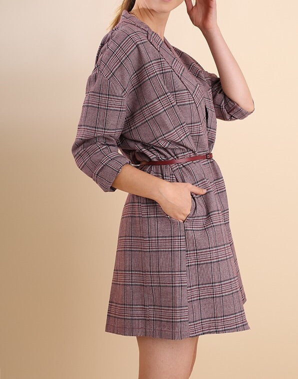 Plaid Print Trench Coat  with Pockets