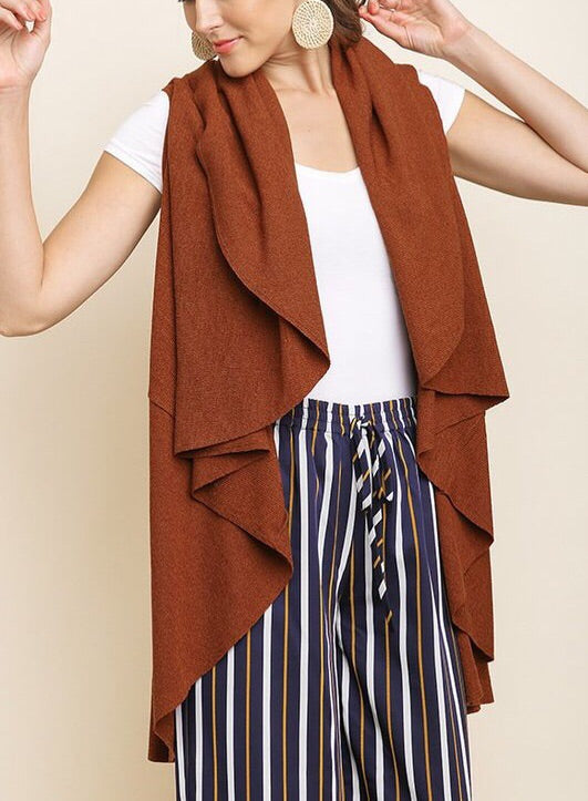 Sleeveless Open Front Draped Lapel Knit Vest