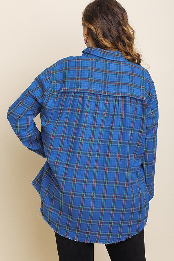 Plus Sz Plaid Long Sleeve Collared Button Up Top