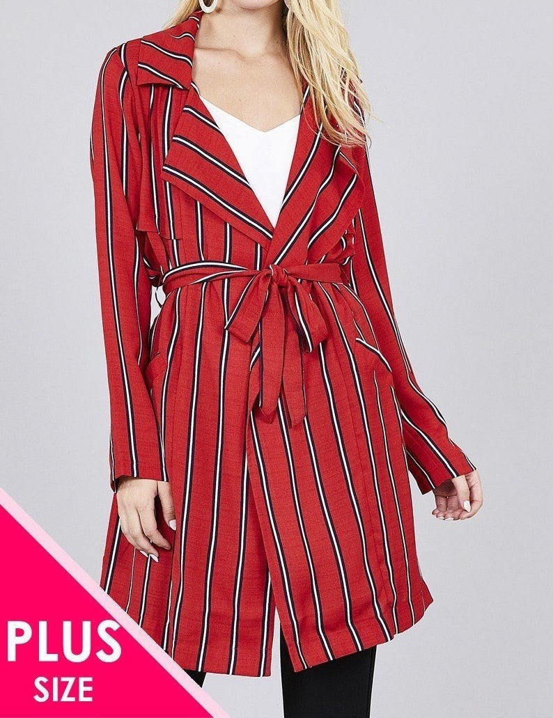 Plus Size Multi Stripe Long Woven Jacket