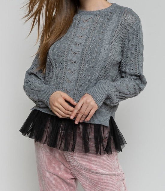 POL Crochet Cable Grey Sweater with Lace