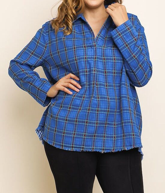 Plus Sz Plaid Long Sleeve Collared Button Up Top